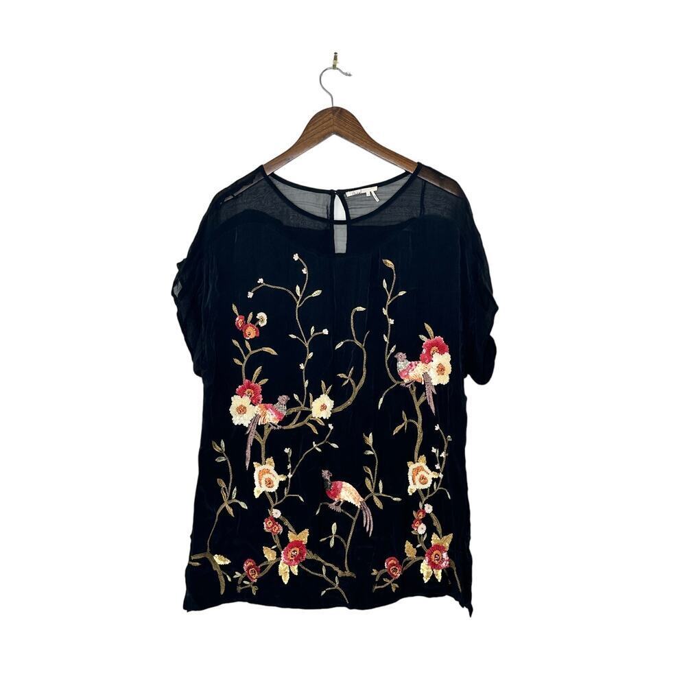 Anthropologie Floreat Size Large Mesh Embroidered Sequin Floral Bird Blouse